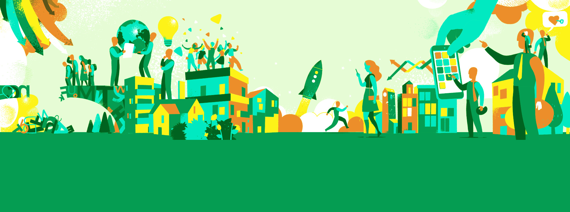 Illustrated cityscape showing people collaborating, generating ideas, and working across an organization